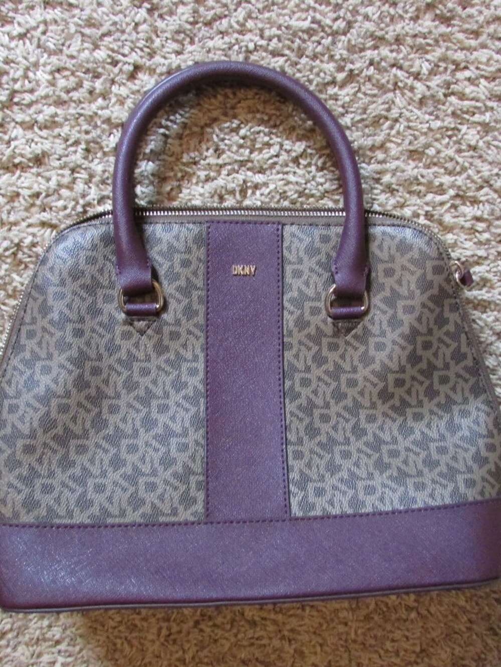 NEW DKNY Bryant Medium Dome Satchel Bag Purple Brown Logo Top Handle Purse
